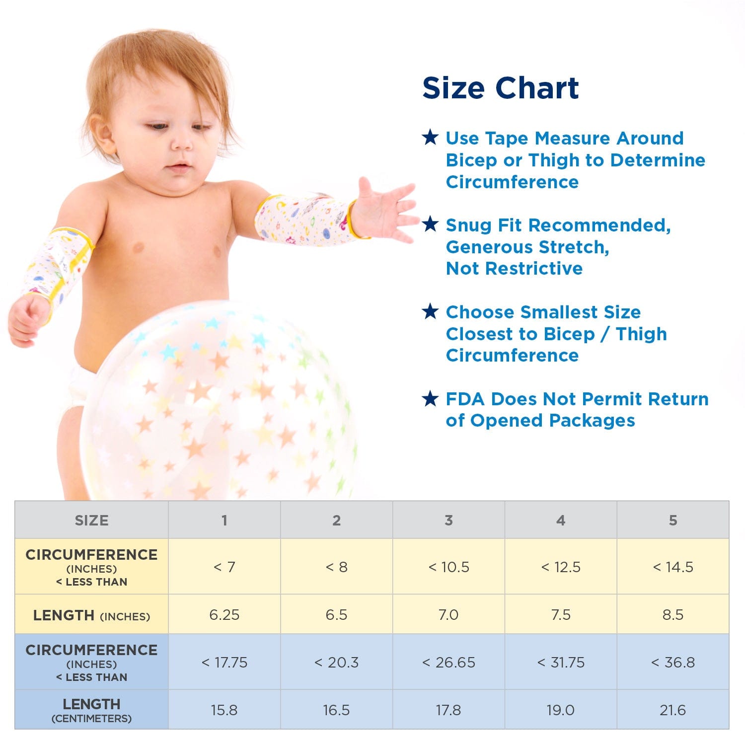 "Baby Eczema Sleeves are sized based on circumference of arm or leg"
