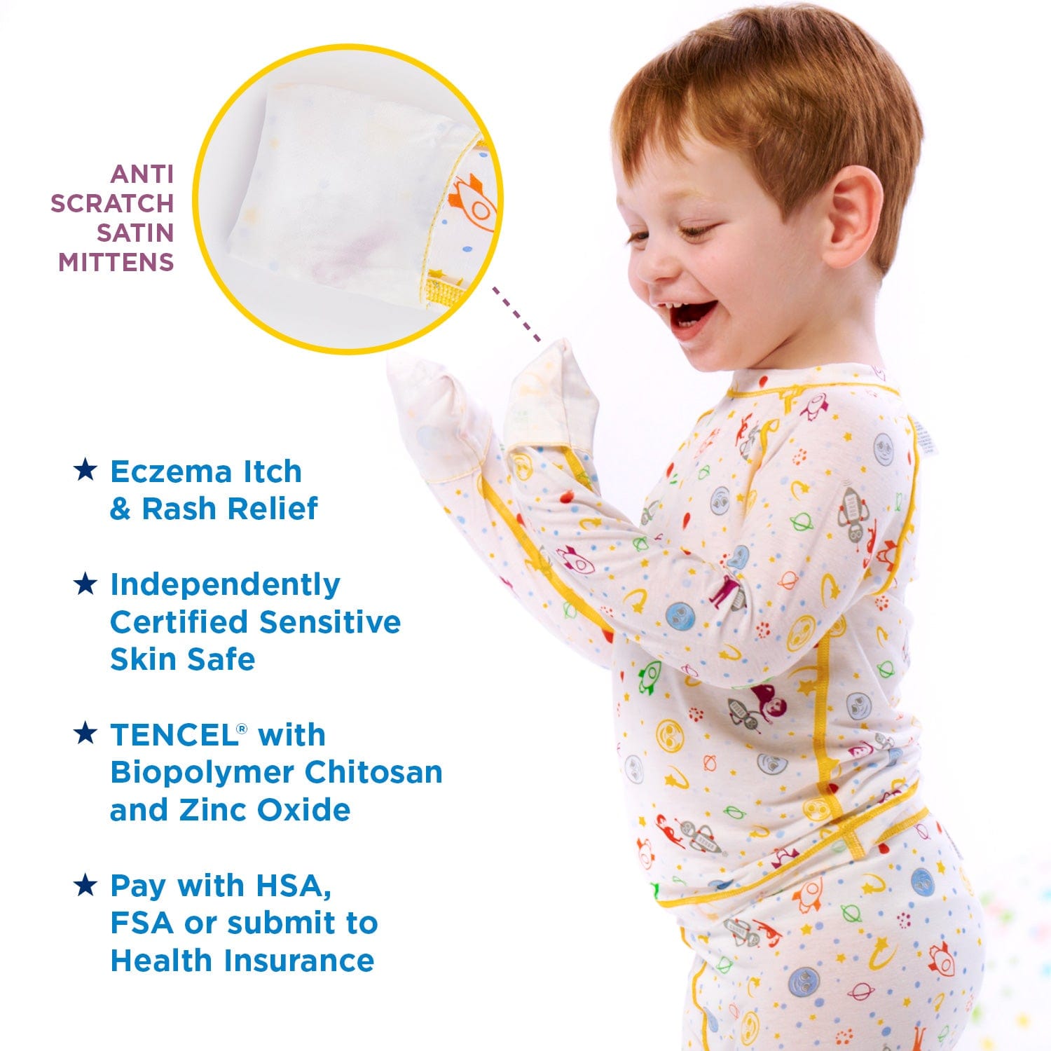 “Children's Eczema Pajama Sleep Shirt made from TENCEL Prevent scratching during sleep with Anti Scratch mitts”